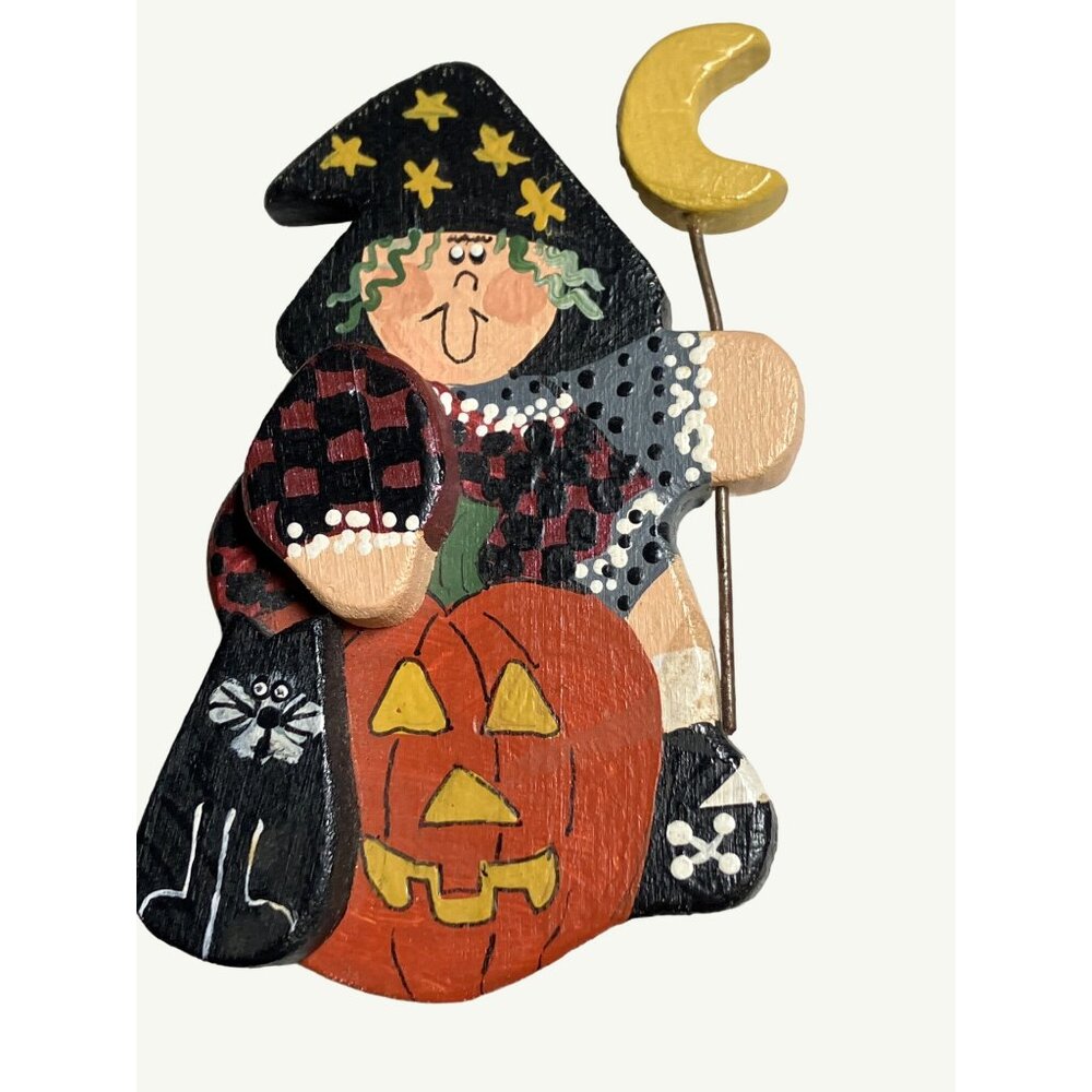 Hand-Painted Wooden Witch & Pumpkin Pin Brooch - Halloween Costume Accessory